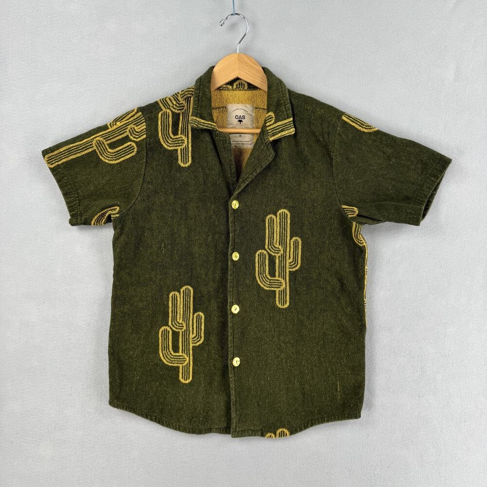 OAS Shirt Mens Medium Green Cactus Terry Cotton Short Sleeve Button Up Desert